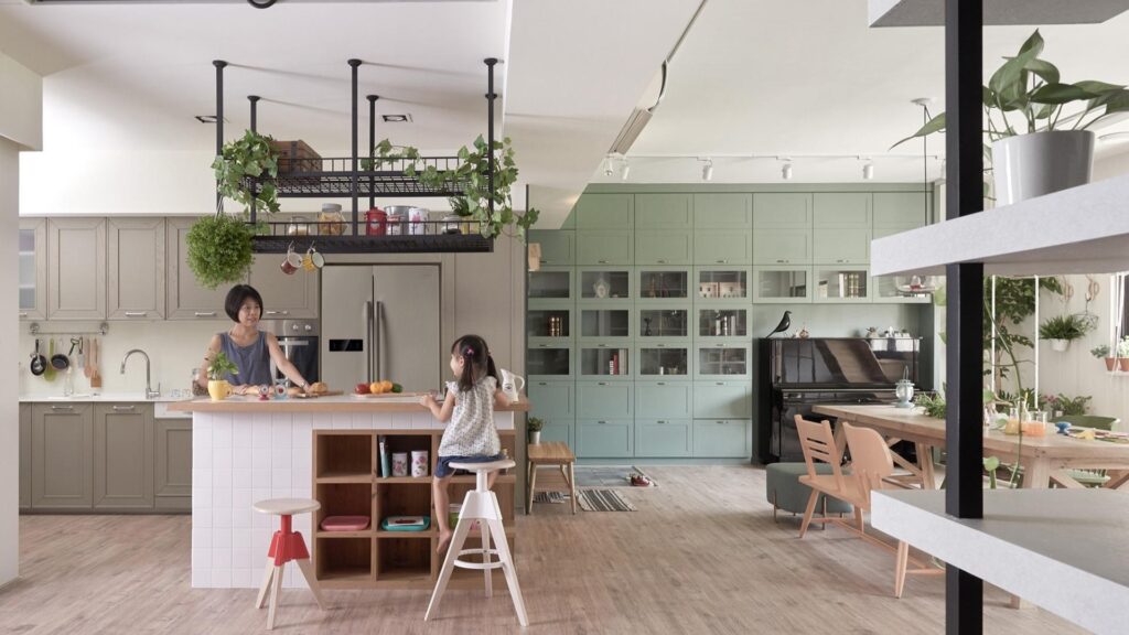 Bright modern kitchen with wide walkways, improved lighting, and an accessible layout.