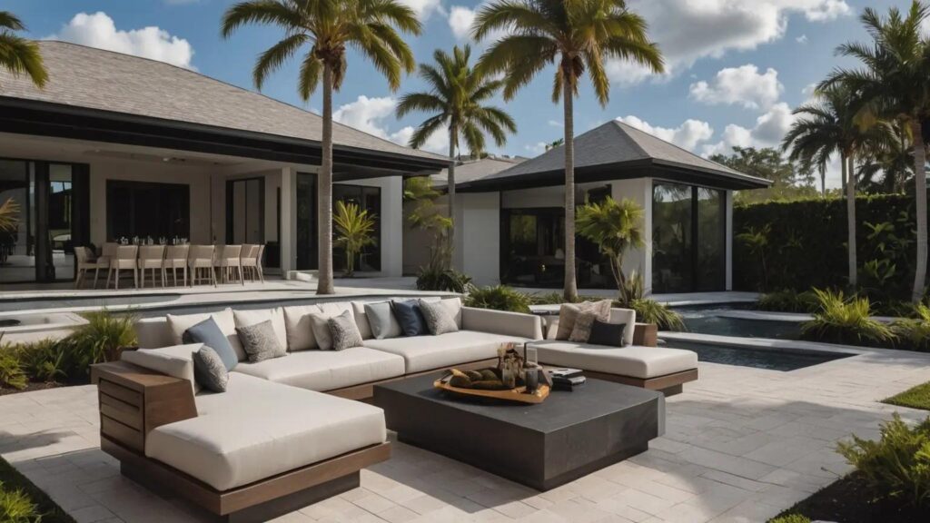 Comfortable Florida outdoor lounge with weather-resistant furniture and tropical landscaping
