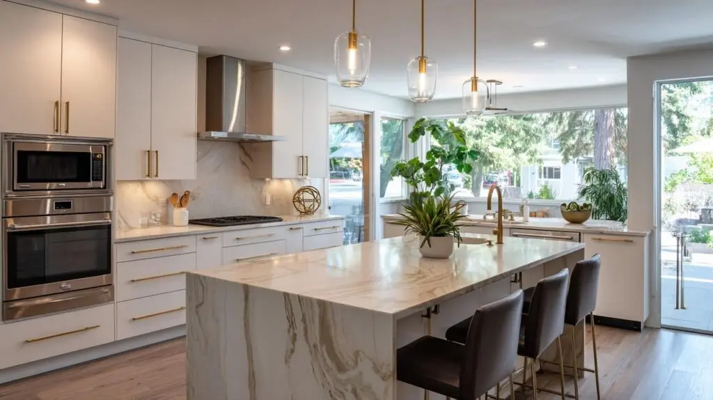Completed custom kitchen remodel featuring modern cabinetry, quartz countertops, and a bright open layout.