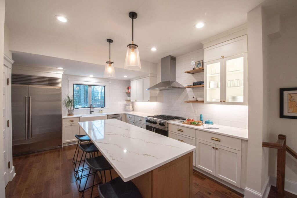 Completed kitchen remodel featuring modern quartz countertops and a beautifully renovated kitchen.