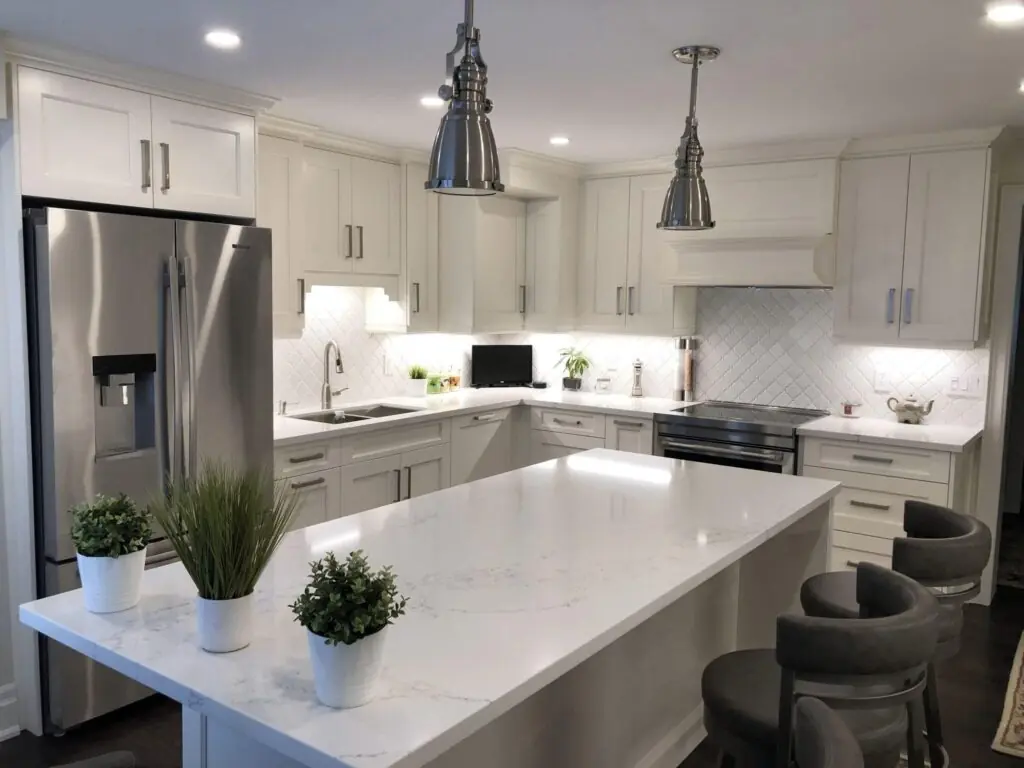 Modern kitchen featuring white shaker cabinets, quartz countertops, and stylish finishes.