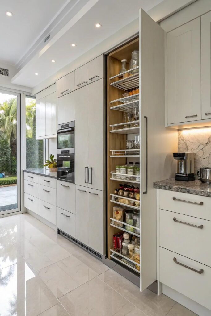 Custom kitchen storage featuring pull-out pantry shelves and organized cabinetry.