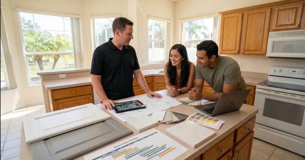 Licensed contractor discussing home addition plans with homeowners during an in-home consultation.