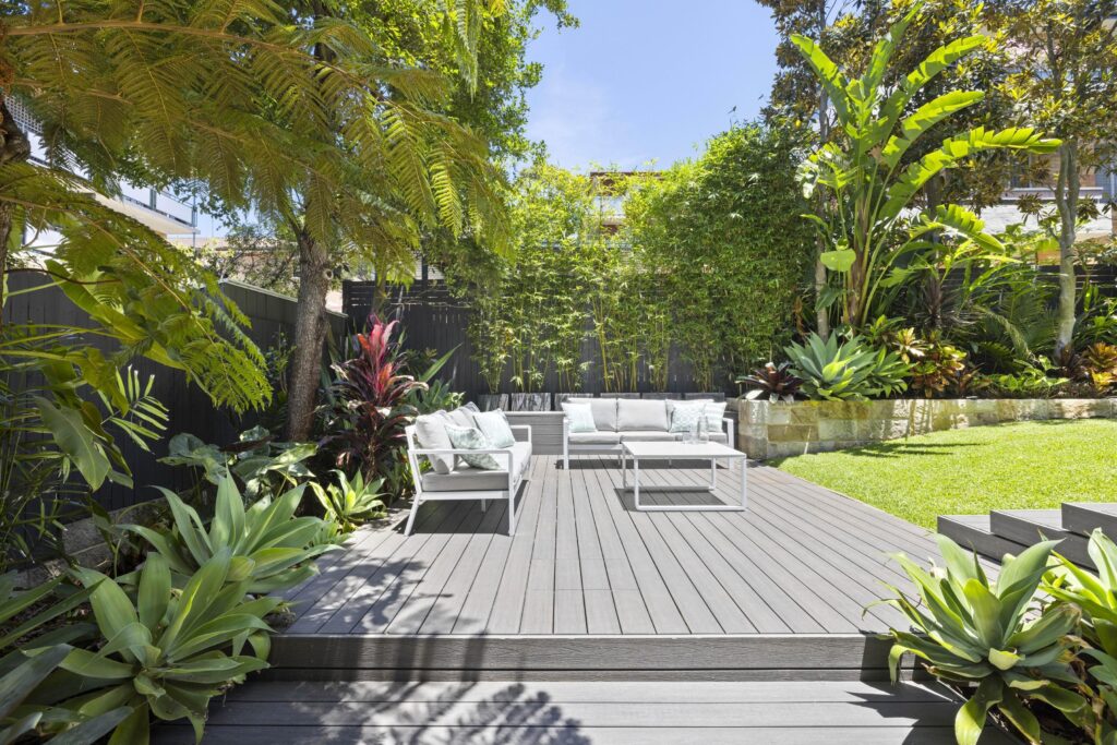 Modern Florida backyard with durable composite decking and outdoor living space