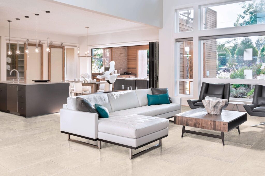 Modern Florida home interior with durable wood-look tile flooring