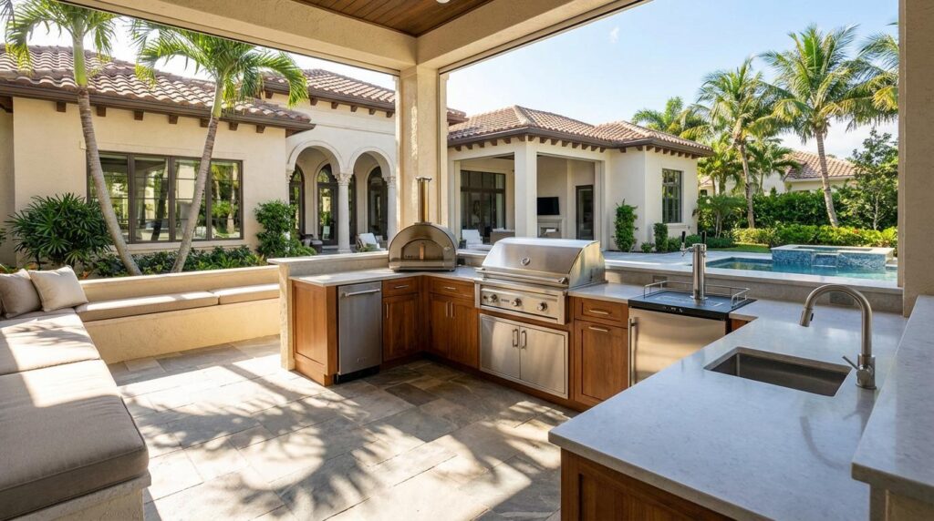 Modern Florida outdoor kitchen with dining area and built-in grill