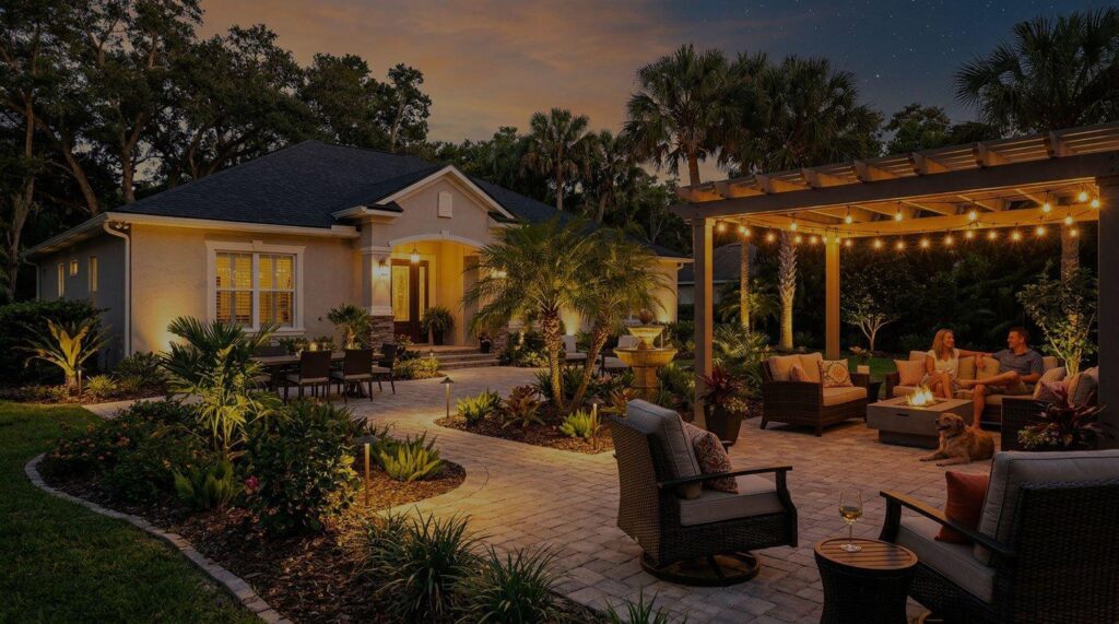 Modern Florida outdoor living space with decorative landscape lighting