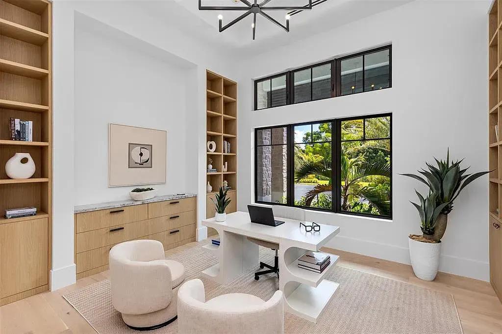 Modern functional home office with natural light and built-in storage in Florida home