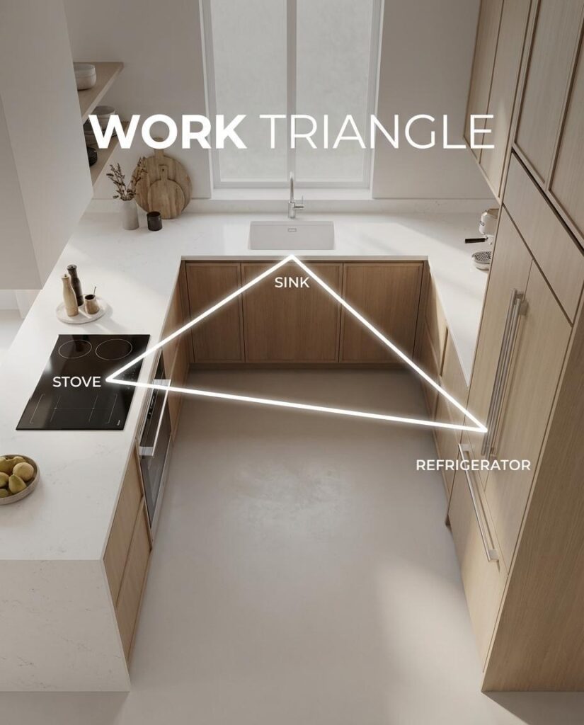 Efficient kitchen layout designed around the kitchen work triangle.