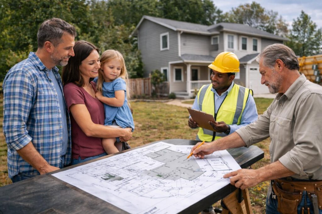 Contractor meeting with homeowners to plan a custom home addition project.