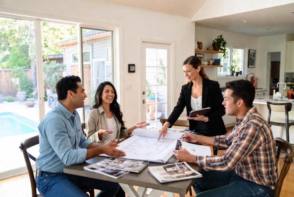 Contractor presenting custom home addition plans to homeowners during a consultation.