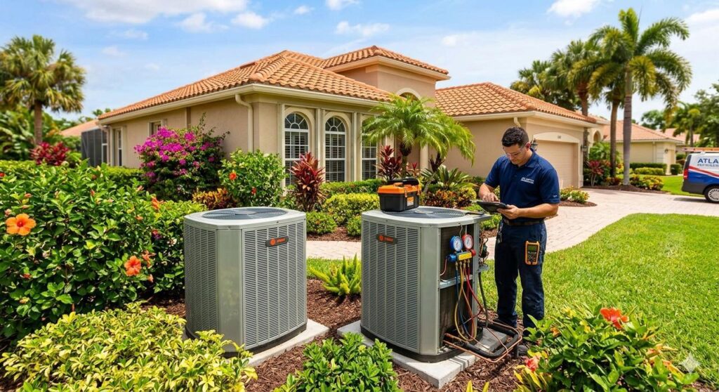 HVAC professional maintaining an air conditioning system to improve indoor air quality in Florida