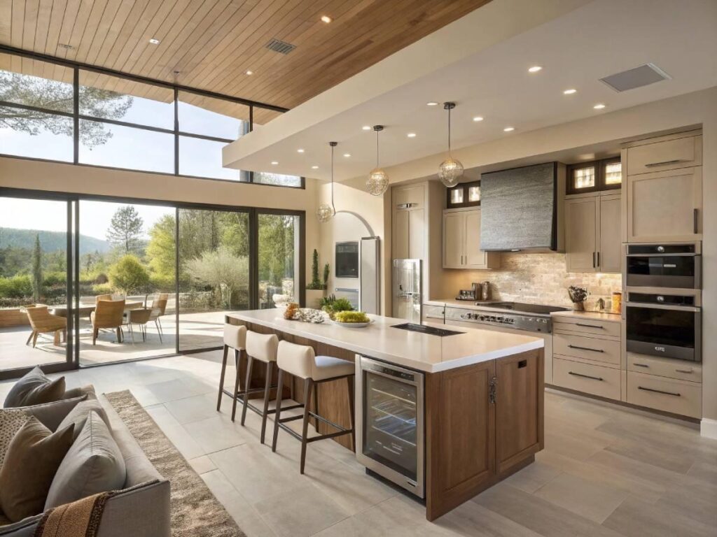 Modern kitchen addition featuring a spacious island, custom cabinetry, and natural lighting.