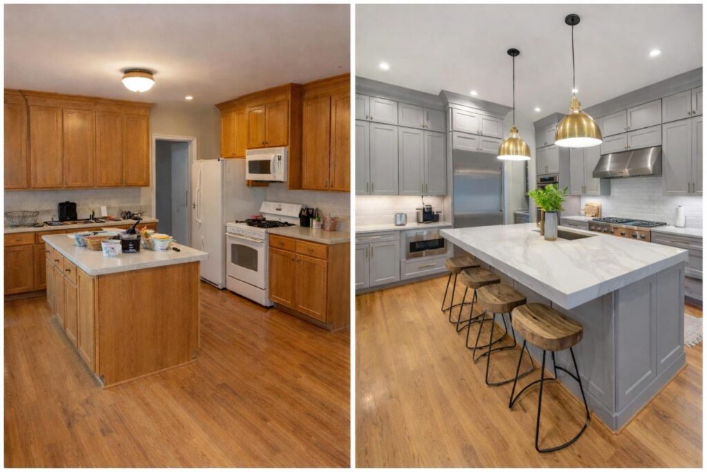 Kitchen renovation showcasing updated cabinets, countertops, and lighting before selling a home.