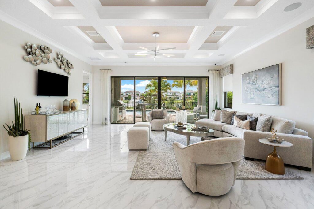Modern Florida living room with easy-to-maintain porcelain tile flooring