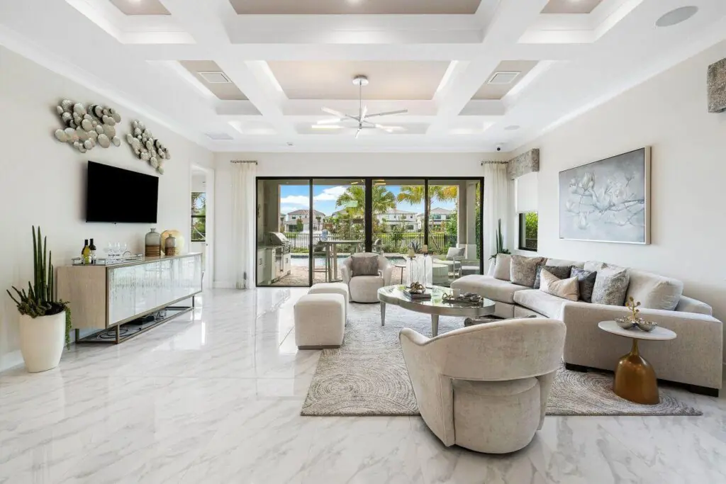 Modern Florida living room with easy-to-maintain porcelain tile flooring