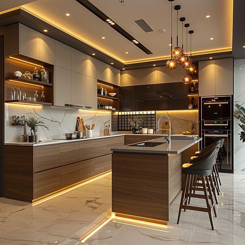 Modern kitchen with pendant lighting and under-cabinet lighting.Modern kitchen with pendant lighting and under-cabinet lighting.