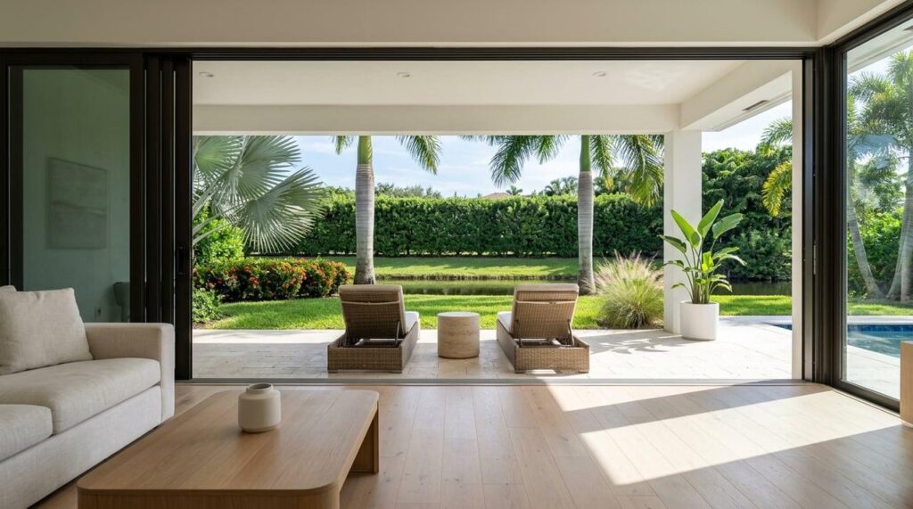 Open-concept living room connected to an outdoor patio through sliding glass doors