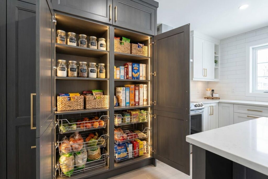 Real family kitchen with custom pantry storage, organized drawers, and practical cabinetry.