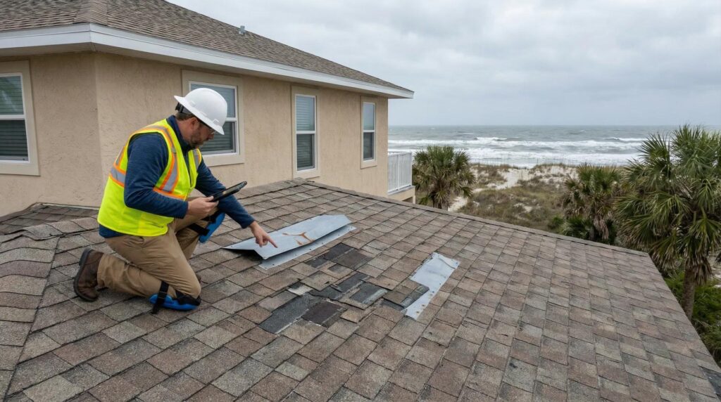 Professional roofing contractor inspecting a home's roof to prepare for hurricane season.