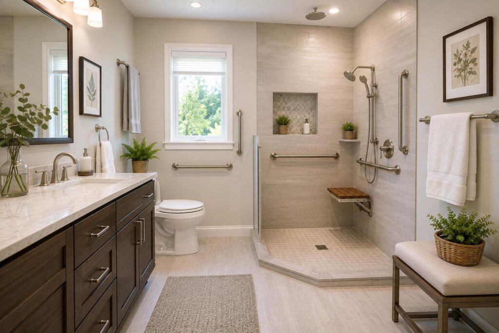 Accessible Florida bathroom with slip-resistant flooring, walk-in shower, and safety grab bars