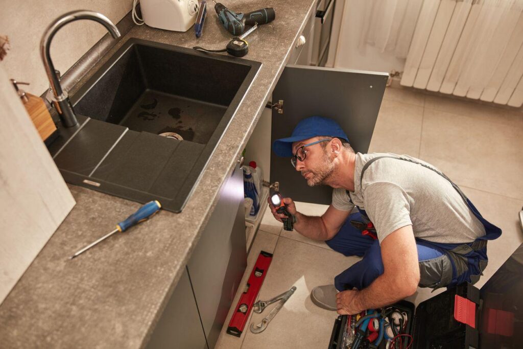 Professional plumber inspecting water heater connections to prevent leaks and moisture damage in a Florida home