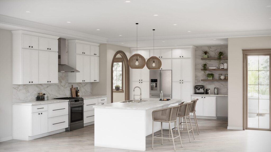 Beautiful white shaker kitchen cabinets installed in a modern renovated kitchen
