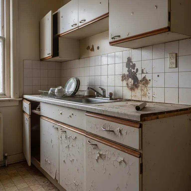 Old kitchen cabinets with peeling paint, damaged doors, and worn finishes that need replacement.