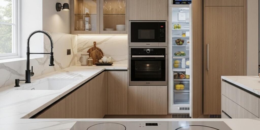 High-end kitchen featuring built-in appliances, brushed brass hardware, and under-cabinet LED lighting.