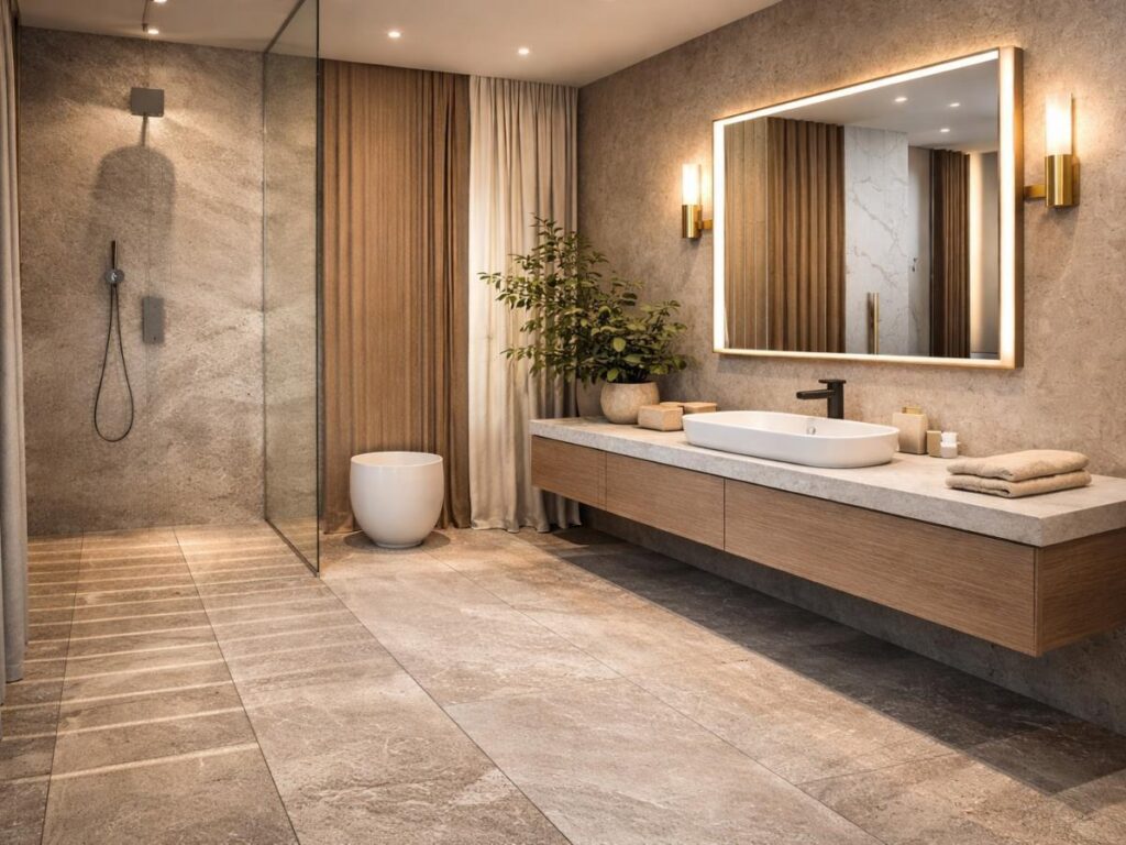 Contemporary bathroom with a floating vanity, backlit mirror, warm LED lighting, and custom storage solutions.