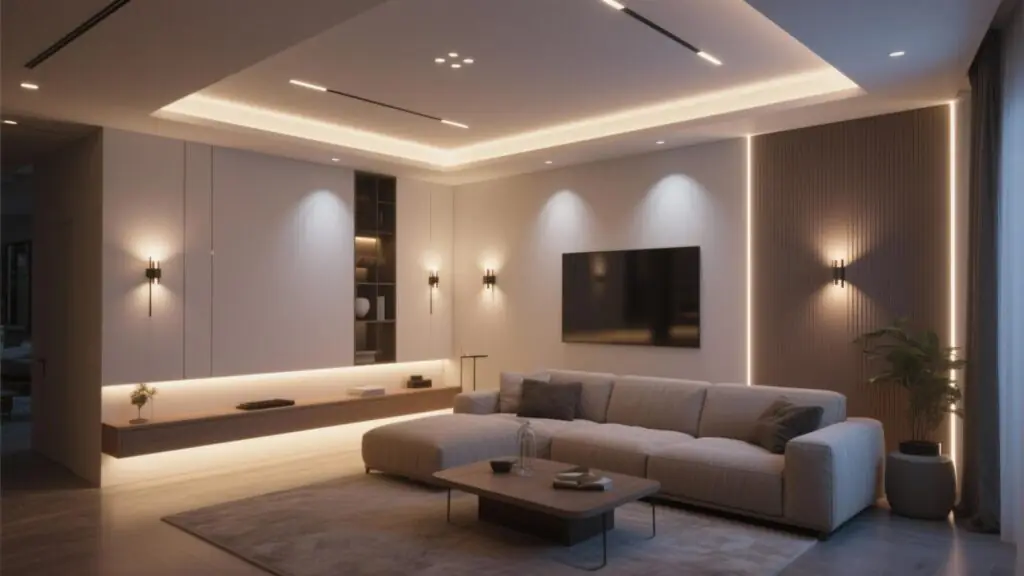 Contemporary home interior featuring recessed lighting, wall sconces, and accent lighting for a layered lighting design.