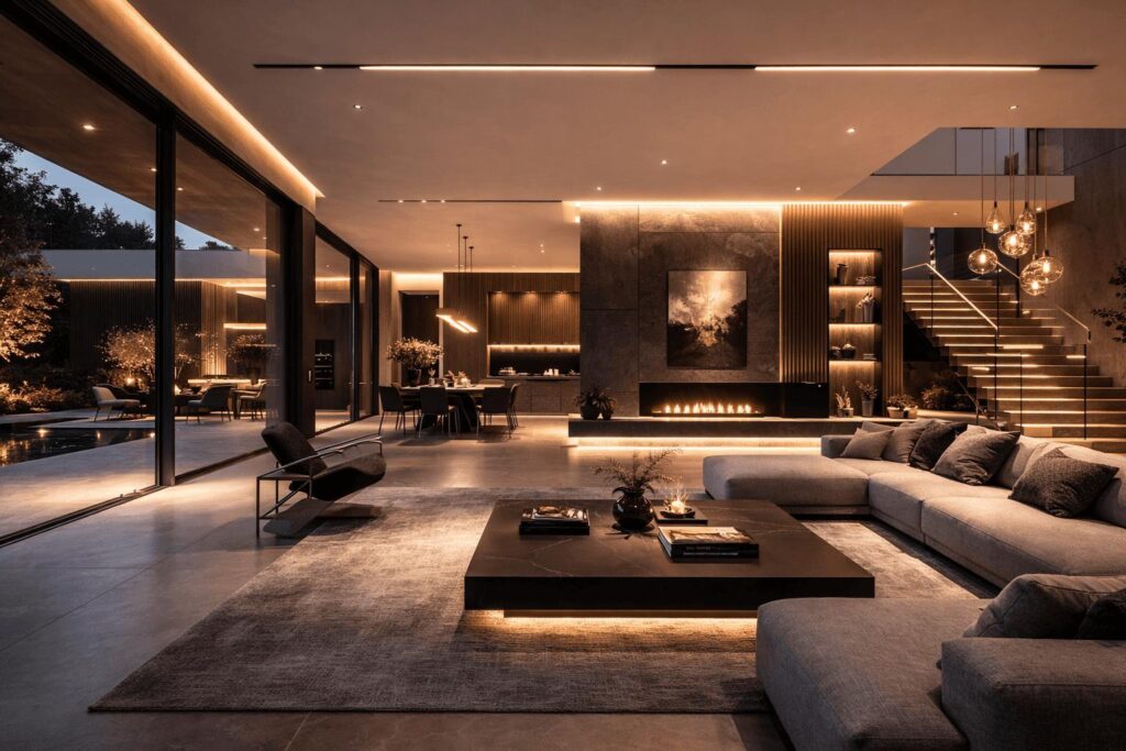 Open-concept luxury home with statement lighting, warm ambient illumination, and elegant contemporary finishes.