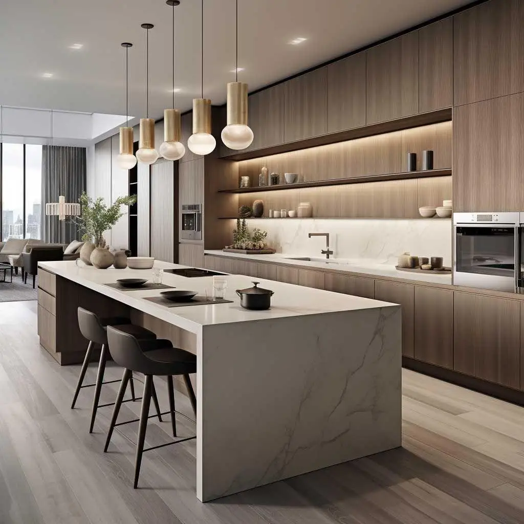 Luxury kitchen featuring a waterfall island, white oak cabinetry, quartz countertops, and integrated appliances.