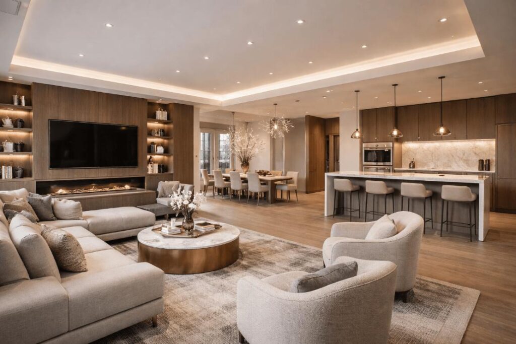 Open-concept luxury home with warm minimalist interior, natural wood finishes, stone accents, and large windows.