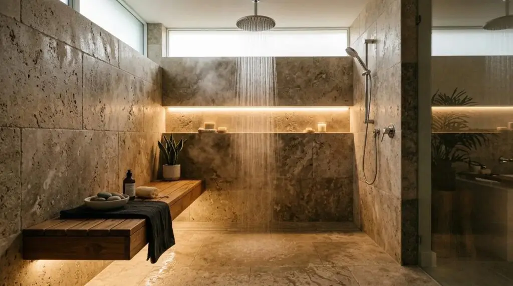 Luxury walk-in shower featuring floor-to-ceiling porcelain tile, frameless glass enclosure, rainfall showerhead, and a floating bench.