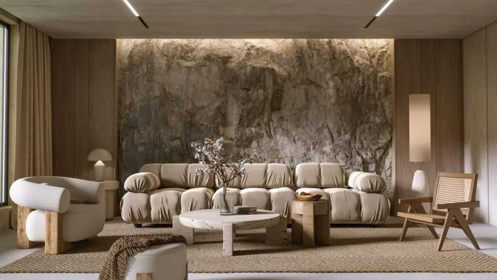 Luxury living room featuring natural stone accents, warm wood flooring, and organic materials in a modern minimalist home.