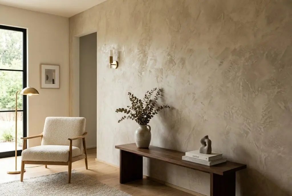 Contemporary living room showcasing wood ceiling beams, textured plaster walls, linen furniture, and woven lighting.
