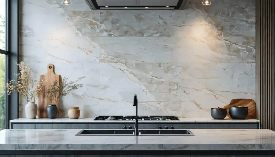 Modern kitchen with quartzite waterfall island, white oak cabinets, natural stone backsplash, and premium finishes.
