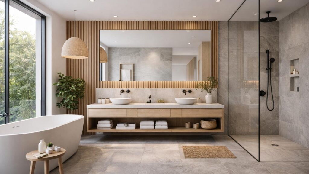 Luxury spa-inspired bathroom with a freestanding soaking tub, floating vanity, and natural stone finishes.