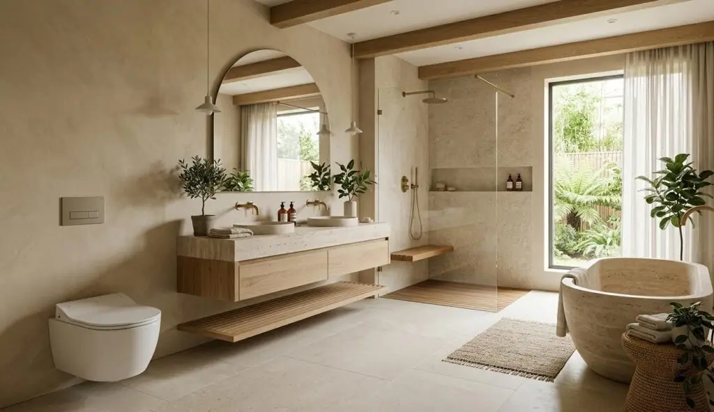 Spa-inspired bathroom with travertine walls, floating wood vanity, walk-in shower, and natural stone finishes.