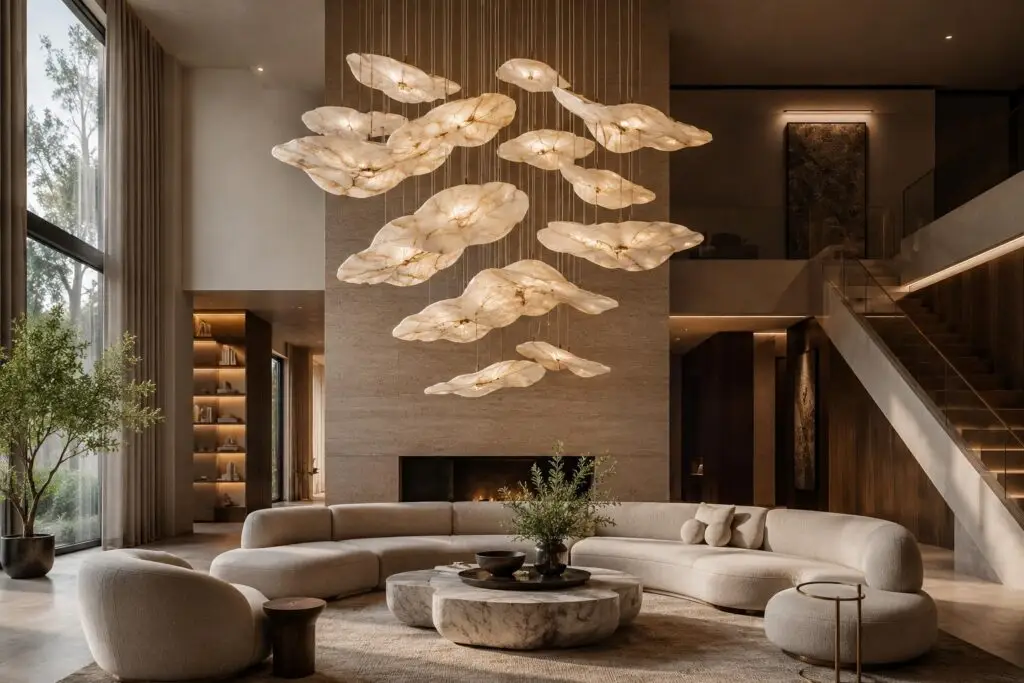 Luxury living room featuring an oversized statement chandelier, layered lighting, and warm contemporary interior design.