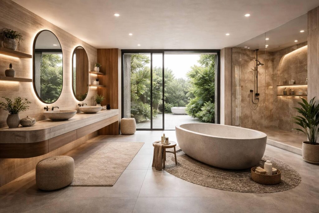 Elegant spa-inspired bathroom featuring marble surfaces, warm wood accents, natural light, and premium fixtures.