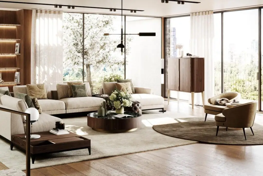 Warm minimalist living room featuring neutral colors, natural wood flooring, and abundant natural light in a modern luxury home.