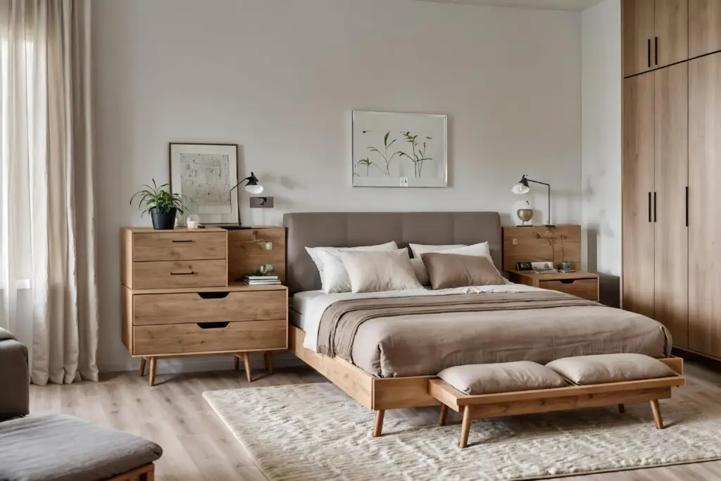 Luxury bedroom designed with warm earth-tone colors, linen bedding, wooden furniture, and minimalist décor.
